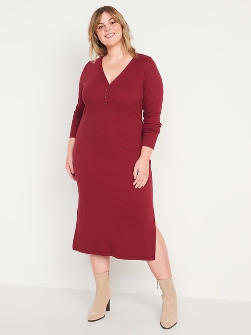 Old Navy Ribbed Henley Midi Dress in Burgundy